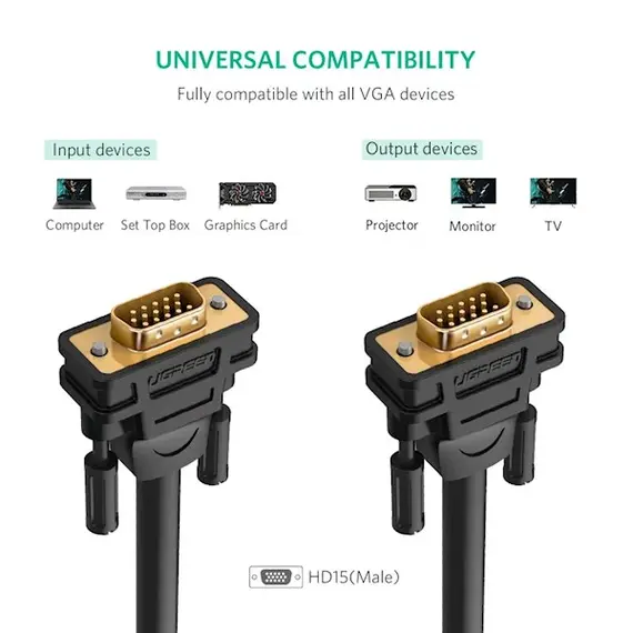 VGA კაბელი UGREEN VG101 (11646) VGA Male to Male Cable 2m, Black, 4 image - TechMall.geVGA კაბელი UGREEN VG101 (11646) VGA Male to Male Cable 2m, Black, 4 image - TechMall.ge ,VGA კაბელი UGREEN VG101 (11646) VGA Male to Male Cable 2m, Black, 4 image - TechMall.ge