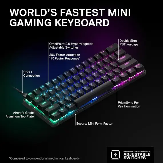 კლავიატურა SteelSeries Keyboard mechanical Apex Pro Mini 61key, HyperMagnetic Switch, USB-A/WL, EN, RGB, black, 4 image - TechMall.geკლავიატურა SteelSeries Keyboard mechanical Apex Pro Mini 61key, HyperMagnetic Switch, USB-A/WL, EN, RGB, black, 4 image - TechMall.ge ,კლავიატურა SteelSeries Keyboard mechanical Apex Pro Mini 61key, HyperMagnetic Switch, USB-A/WL, EN, RGB, black, 4 image - TechMall.ge