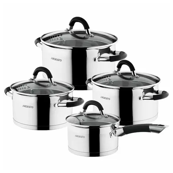 ქვაბების ნაკრები Ardesto Cookware set  Gemini Monza with drain, 8 pcs., Handles with gray silicone, stainless steel - TechMall.geქვაბების ნაკრები Ardesto Cookware set  Gemini Monza with drain, 8 pcs., Handles with gray silicone, stainless steel - TechMall.ge ,ქვაბების ნაკრები Ardesto Cookware set  Gemini Monza with drain, 8 pcs., Handles with gray silicone, stainless steel - TechMall.ge