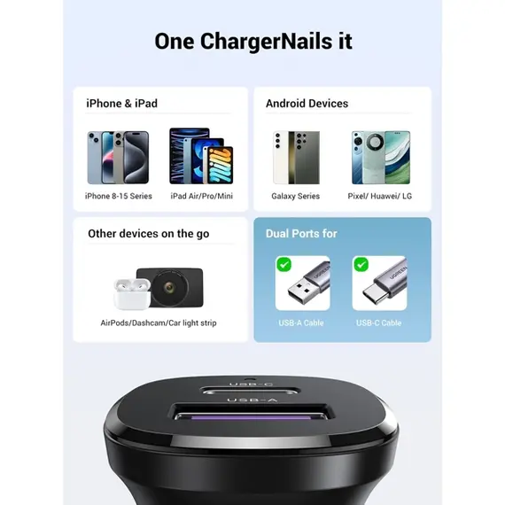 მანქანის დამტენი UGREEN 25845, 30W, USB, Type-C, USB-C, Black, 5 image - TechMall.geმანქანის დამტენი UGREEN 25845, 30W, USB, Type-C, USB-C, Black, 5 image - TechMall.ge ,მანქანის დამტენი UGREEN 25845, 30W, USB, Type-C, USB-C, Black, 5 image - TechMall.ge