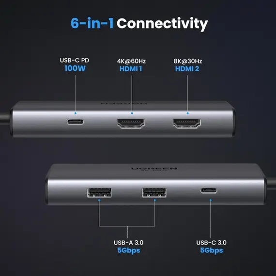 USB-C ჰაბი UGREEN CM498 (15852) Revodok 206, 2 x HDMI, USB, Type-C, HUB, Grey, 5 image - TechMall.geUSB-C ჰაბი UGREEN CM498 (15852) Revodok 206, 2 x HDMI, USB, Type-C, HUB, Grey, 5 image - TechMall.ge ,USB-C ჰაბი UGREEN CM498 (15852) Revodok 206, 2 x HDMI, USB, Type-C, HUB, Grey, 5 image - TechMall.ge