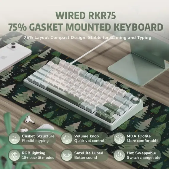კლავიატურა Royal Kludge RK R75 RGB Mechanical Keyboard, K silver switch, Hot Swappable, Type-C wired, Sky Cyan, 7 image - TechMall.geკლავიატურა Royal Kludge RK R75 RGB Mechanical Keyboard, K silver switch, Hot Swappable, Type-C wired, Sky Cyan, 7 image - TechMall.ge ,კლავიატურა Royal Kludge RK R75 RGB Mechanical Keyboard, K silver switch, Hot Swappable, Type-C wired, Sky Cyan, 7 image - TechMall.ge