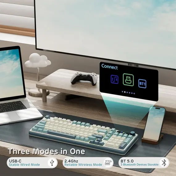 კლავიატურა Royal Kludge RK S98 RGB Mechanical Keyboard, Brown switch, Smart Display, Hot Swappable, Type-C wired, Bluetooth 5.0, 2.4GHz, Light Cloud, 4 image - TechMall.geკლავიატურა Royal Kludge RK S98 RGB Mechanical Keyboard, Brown switch, Smart Display, Hot Swappable, Type-C wired, Bluetooth 5.0, 2.4GHz, Light Cloud, 4 image - TechMall.ge ,კლავიატურა Royal Kludge RK S98 RGB Mechanical Keyboard, Brown switch, Smart Display, Hot Swappable, Type-C wired, Bluetooth 5.0, 2.4GHz, Light Cloud, 4 image - TechMall.ge