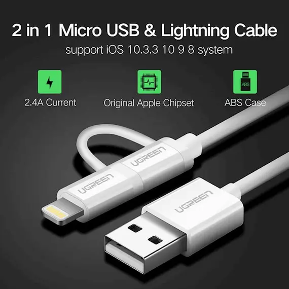 USB კაბელი UGREEN US178 (20876) USB 2.0 to Micro USB+Lightning (2 in 1) Data Cable 1M, 5 image - TechMall.geUSB კაბელი UGREEN US178 (20876) USB 2.0 to Micro USB+Lightning (2 in 1) Data Cable 1M, 5 image - TechMall.ge ,USB კაბელი UGREEN US178 (20876) USB 2.0 to Micro USB+Lightning (2 in 1) Data Cable 1M, 5 image - TechMall.ge