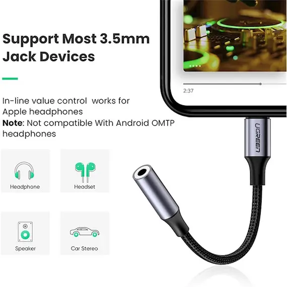 აუდიო ადაპტერი UGREEN 30756 Lightning M/F Round Cable Aluminum Shell with Braided 10cm (Black), 5 image - TechMall.geაუდიო ადაპტერი UGREEN 30756 Lightning M/F Round Cable Aluminum Shell with Braided 10cm (Black), 5 image - TechMall.ge ,აუდიო ადაპტერი UGREEN 30756 Lightning M/F Round Cable Aluminum Shell with Braided 10cm (Black), 5 image - TechMall.ge